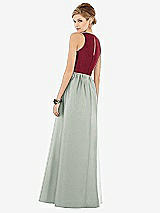 Rear View Thumbnail - Willow Green & Burgundy Sleeveless Keyhole Back Satin Maxi Dress