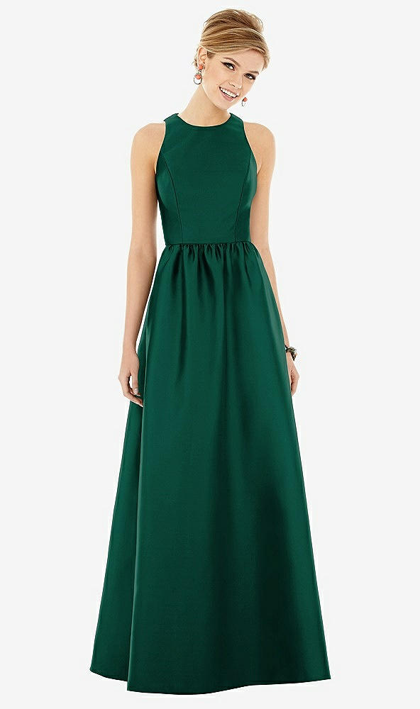 Front View - Hunter Green & Hunter Green Sleeveless Keyhole Back Satin Maxi Dress