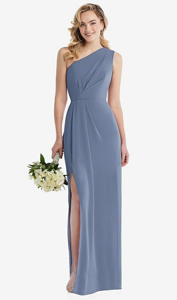 Front View - Larkspur Blue One-Shoulder Draped Bodice Column Gown