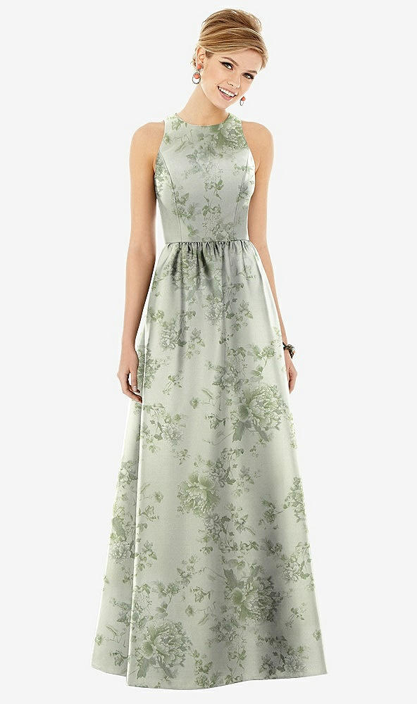 Front View - Sage Cottage Rose Sleeveless Closed-Back Floral Satin Maxi Dress with Pockets