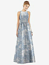 Front View Thumbnail - Porcelain Blue Seraphina Floral Sleeveless Closed-Back Floral Satin Maxi Dress with Pockets