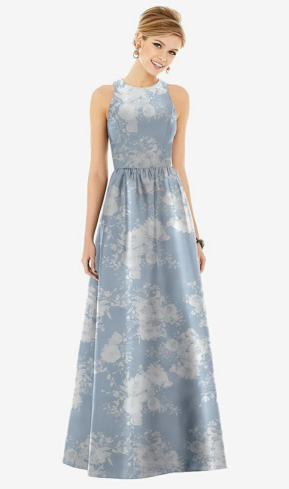 Front View - Porcelain Blue Seraphina Floral Sleeveless Closed-Back Floral Satin Maxi Dress with Pockets