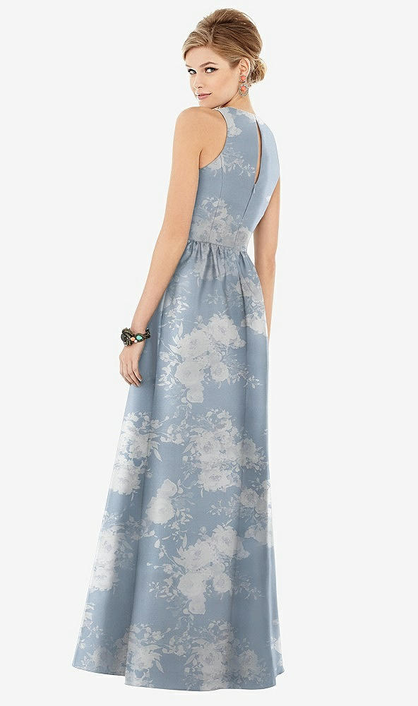 Back View - Porcelain Blue Seraphina Floral Sleeveless Closed-Back Floral Satin Maxi Dress with Pockets