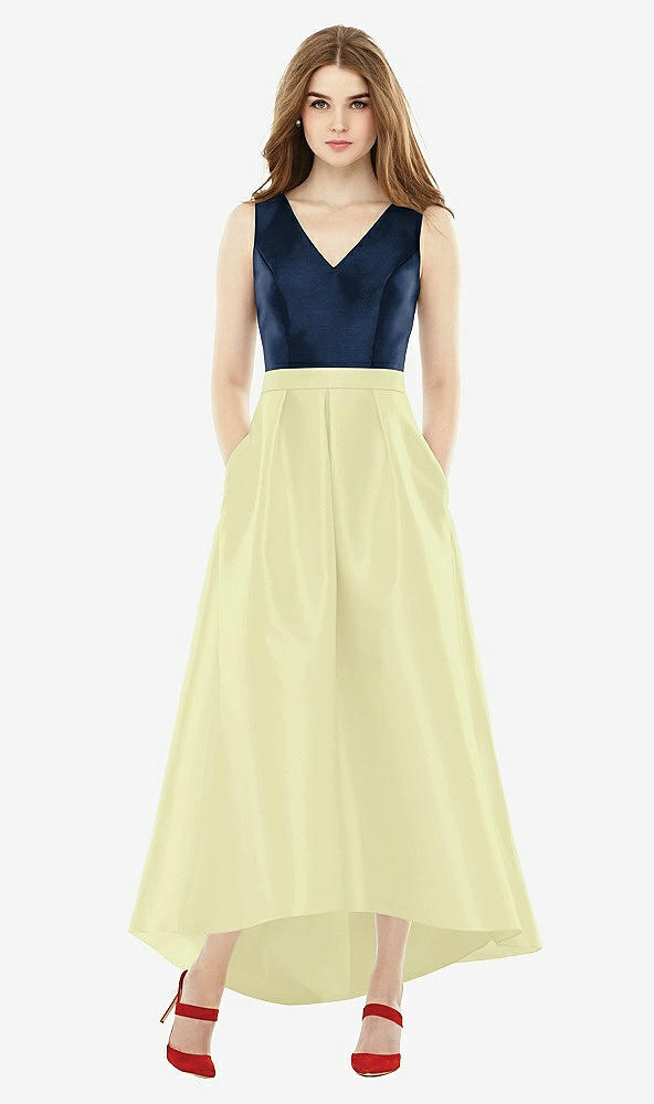 Front View - Butter Yellow & Midnight Navy Sleeveless Pleated Skirt High Low Dress with Pockets