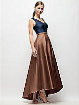 Side View Thumbnail - Cognac & Midnight Navy Sleeveless Pleated Skirt High Low Dress with Pockets