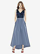 Front View Thumbnail - Larkspur Blue & Midnight Navy Sleeveless Pleated Skirt High Low Dress with Pockets