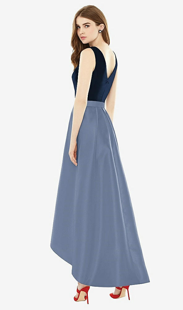 Back View - Larkspur Blue & Midnight Navy Sleeveless Pleated Skirt High Low Dress with Pockets