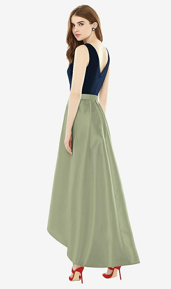 Back View - Sage & Midnight Navy Sleeveless Pleated Skirt High Low Dress with Pockets