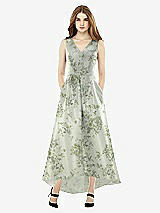 Front View Thumbnail - Sage Cottage Rose Sleeveless Floral Satin High Low Dress with Pockets