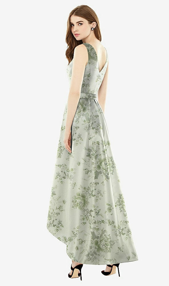 Back View - Sage Cottage Rose Sleeveless Floral Satin High Low Dress with Pockets