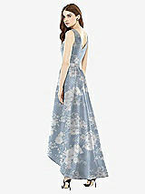 Rear View Thumbnail - Porcelain Blue Seraphina Floral Sleeveless Floral Satin High Low Dress with Pockets