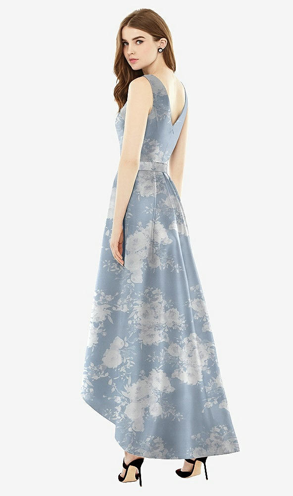 Back View - Porcelain Blue Seraphina Floral Sleeveless Floral Satin High Low Dress with Pockets