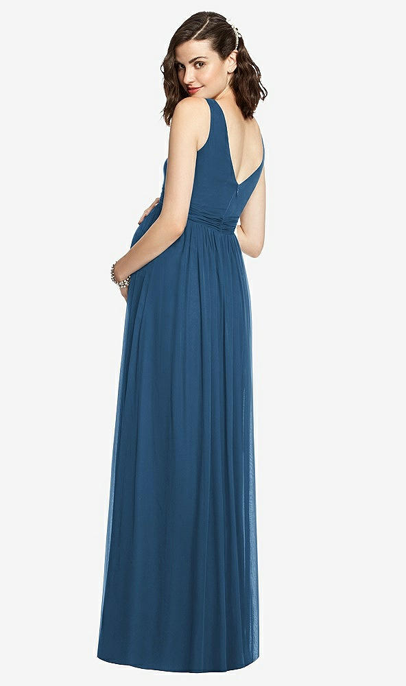 Back View - Dusk Blue Sleeveless Notch Maternity Dress