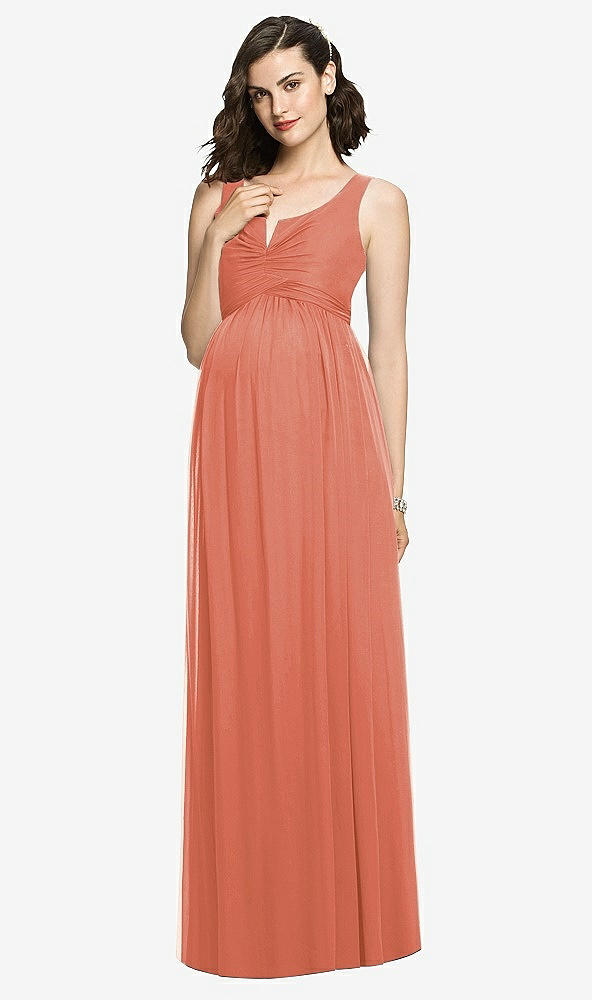 Front View - Terracotta Copper Sleeveless Notch Maternity Dress