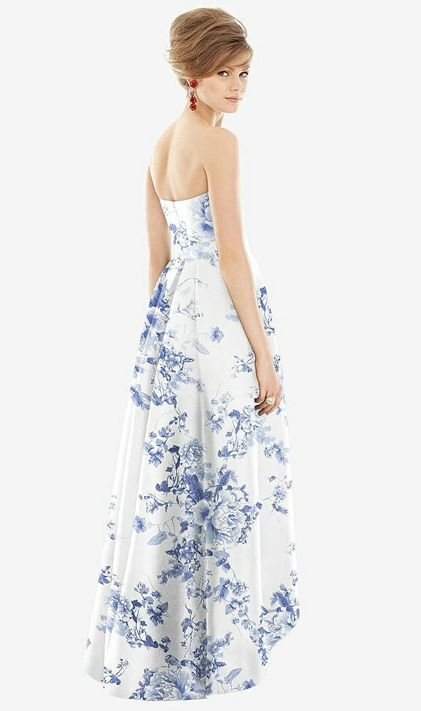 Back View - Cottage Rose Larkspur Strapless Floral Satin High Low Dress with Pockets