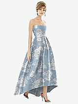 Front View Thumbnail - Porcelain Blue Seraphina Floral Strapless Floral Satin High Low Dress with Pockets