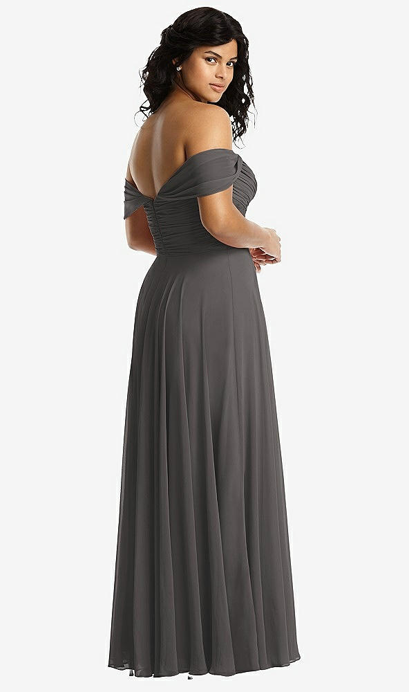 Back View - Caviar Gray Off-the-Shoulder Draped Chiffon Maxi Dress