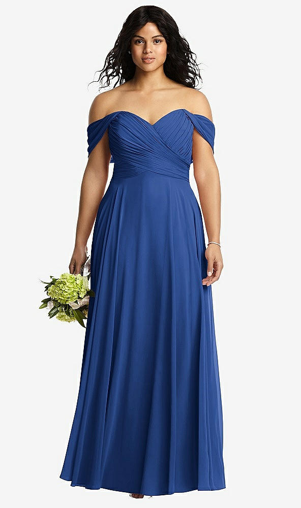 Front View - Classic Blue Off-the-Shoulder Draped Chiffon Maxi Dress