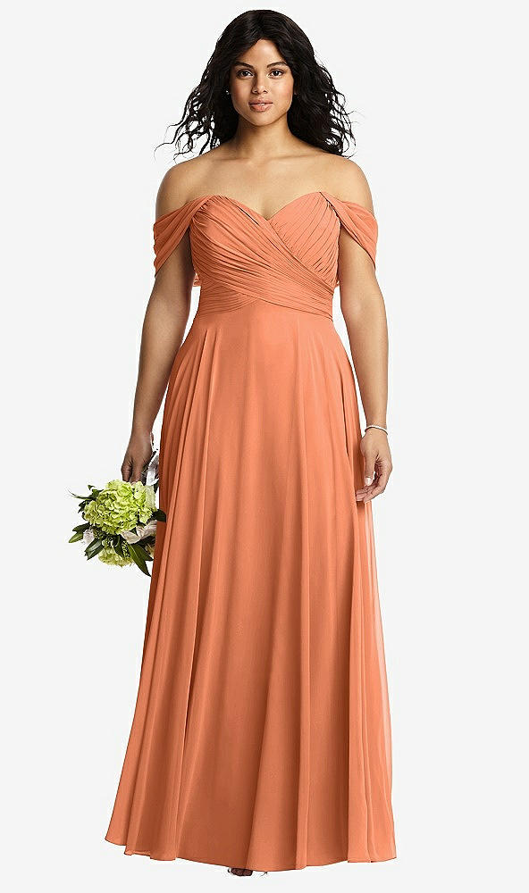 Front View - Sweet Melon Off-the-Shoulder Draped Chiffon Maxi Dress