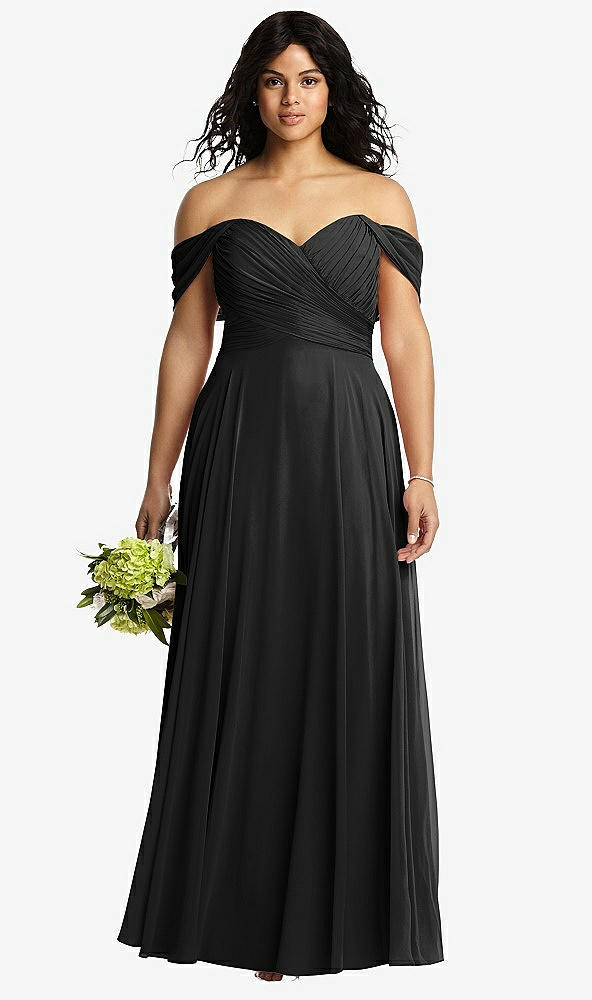 Front View - Black Off-the-Shoulder Draped Chiffon Maxi Dress