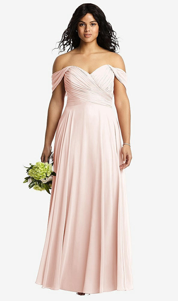 Front View - Blush Off-the-Shoulder Draped Chiffon Maxi Dress