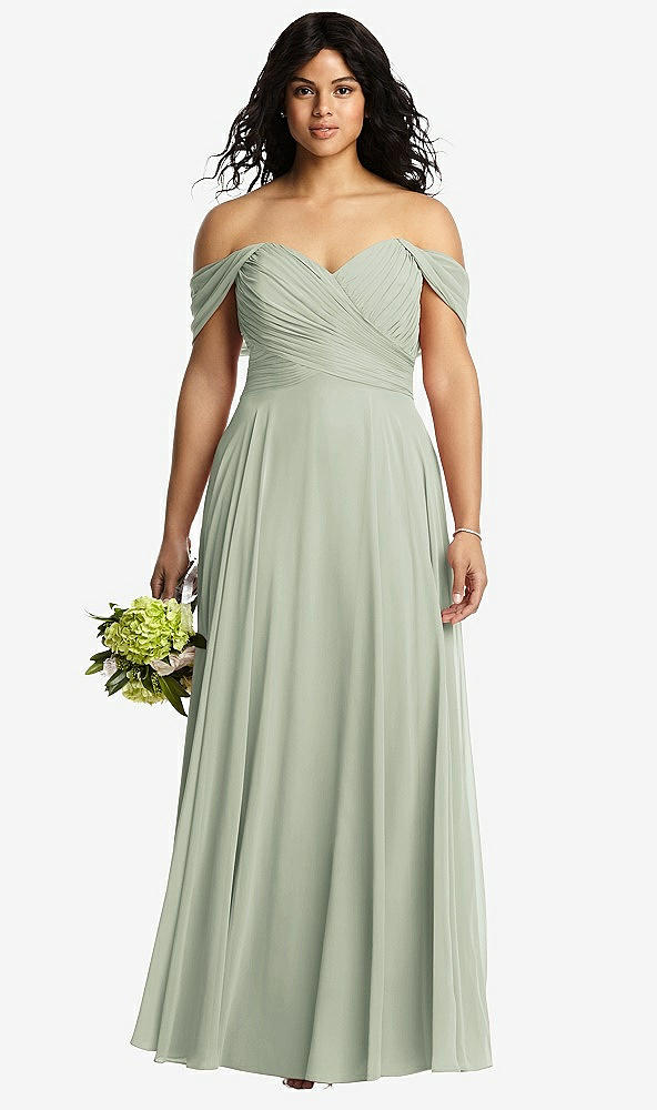 Front View - Celadon Off-the-Shoulder Draped Chiffon Maxi Dress