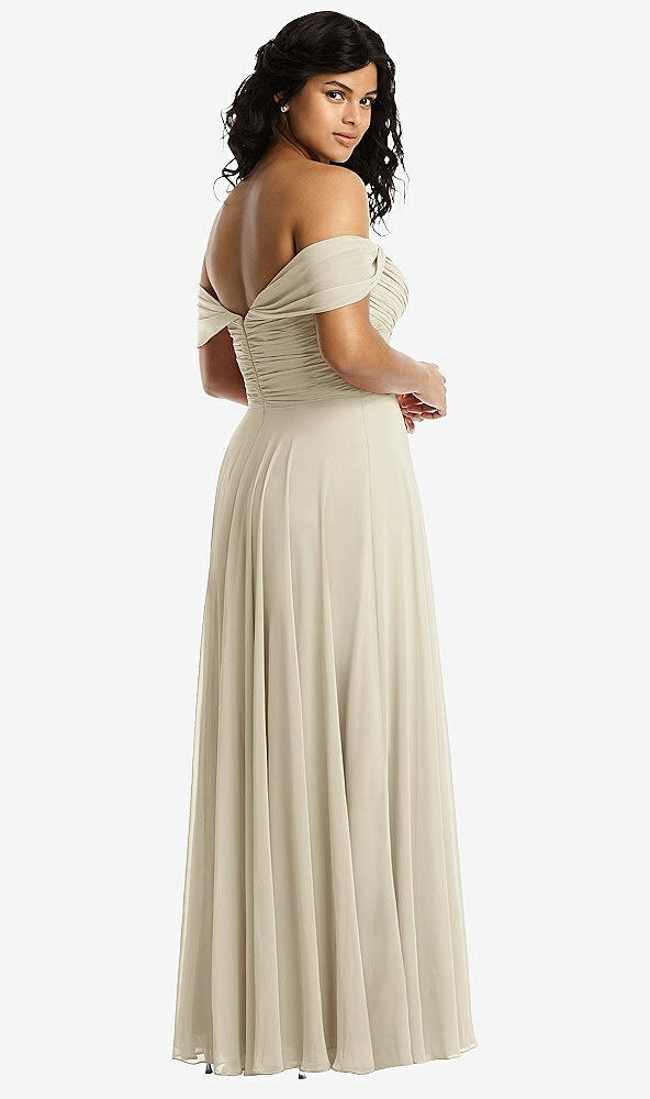 Back View - Champagne Off-the-Shoulder Draped Chiffon Maxi Dress