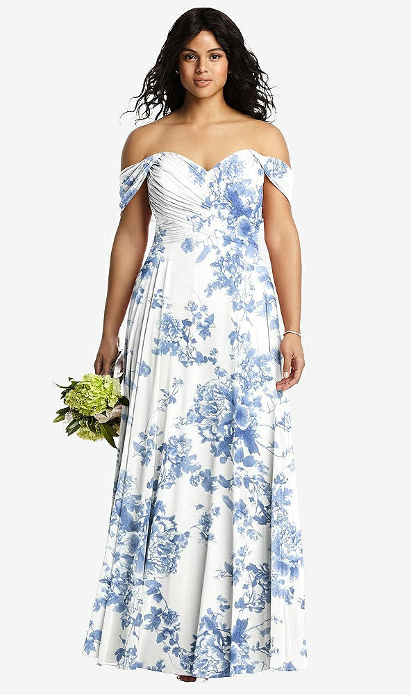 Front View - Cottage Rose Dusk Blue Off-the-Shoulder Draped Chiffon Maxi Dress