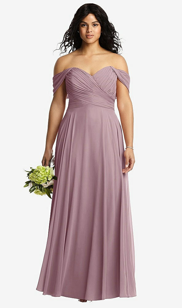 Front View - Dusty Rose Off-the-Shoulder Draped Chiffon Maxi Dress