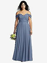 Front View Thumbnail - Larkspur Blue Off-the-Shoulder Draped Chiffon Maxi Dress