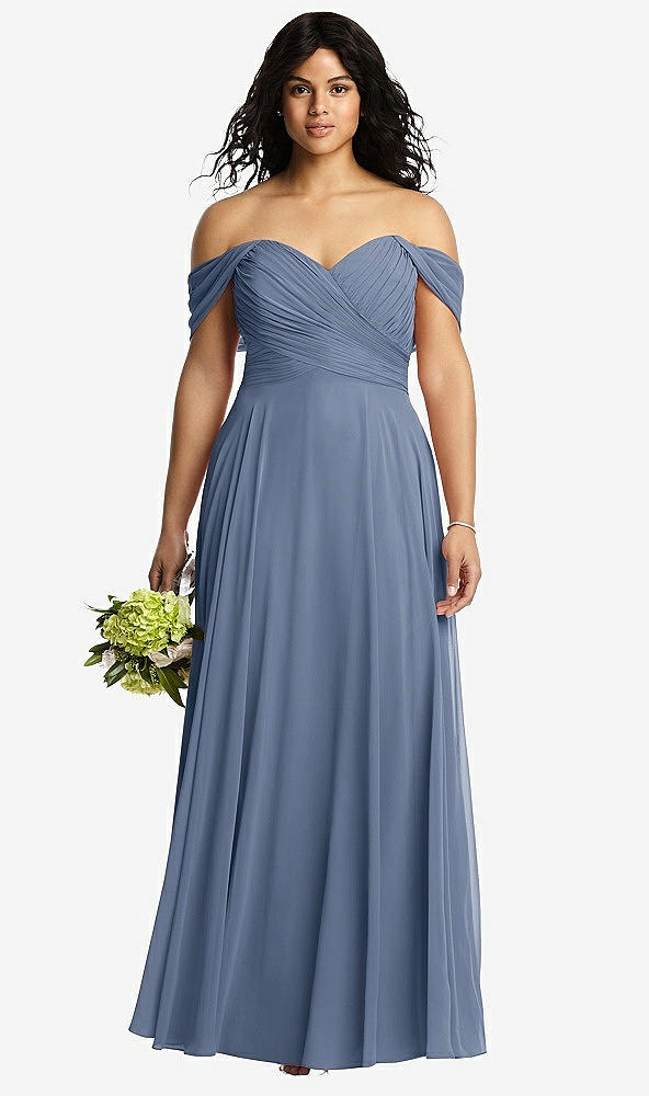 Front View - Larkspur Blue Off-the-Shoulder Draped Chiffon Maxi Dress