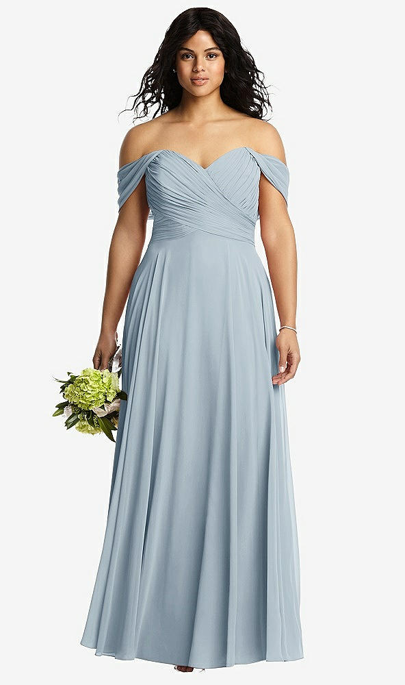 Front View - Mist Off-the-Shoulder Draped Chiffon Maxi Dress