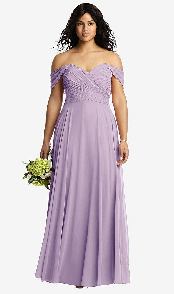 Front View - Pale Purple Off-the-Shoulder Draped Chiffon Maxi Dress