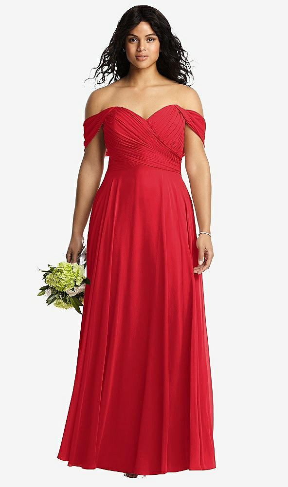 Front View - Parisian Red Off-the-Shoulder Draped Chiffon Maxi Dress