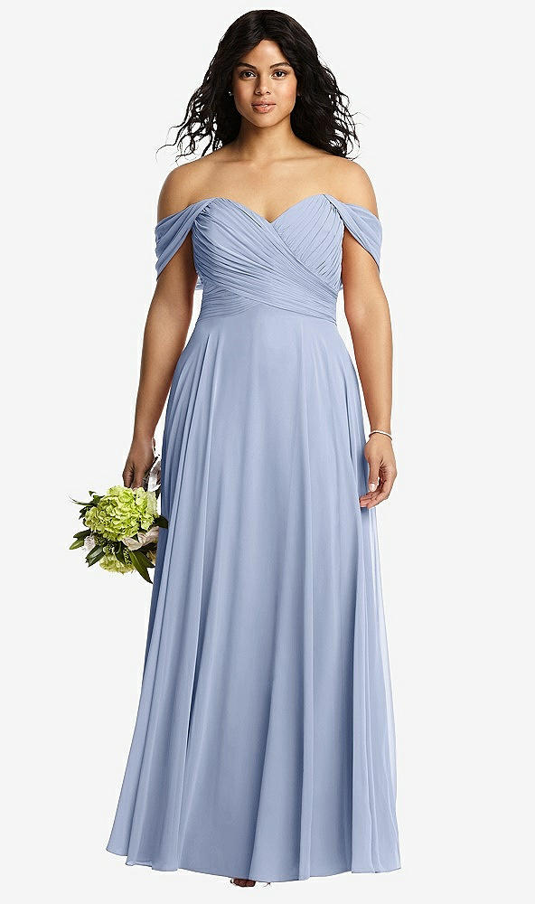 Front View - Sky Blue Off-the-Shoulder Draped Chiffon Maxi Dress