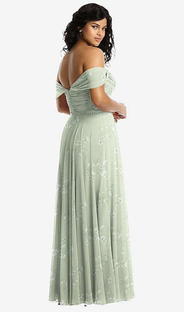 Back View - Vintage Primrose Sage Off-the-Shoulder Draped Chiffon Maxi Dress