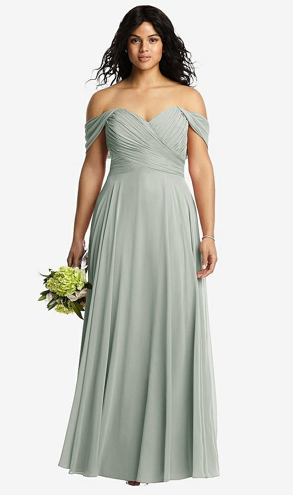 Front View - Willow Green Off-the-Shoulder Draped Chiffon Maxi Dress