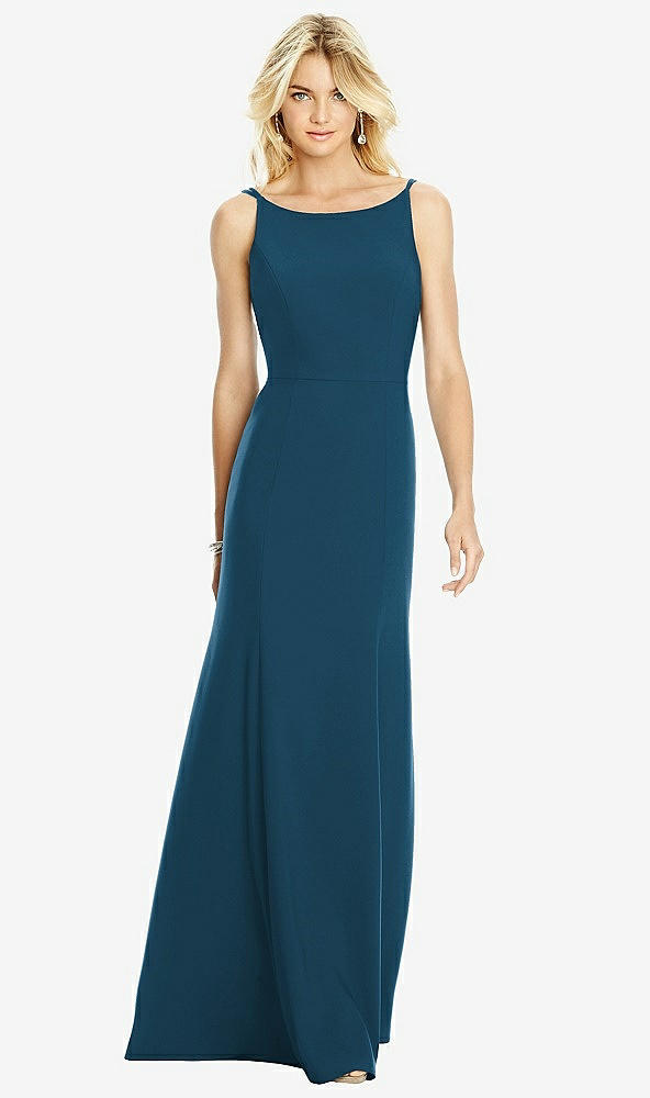 Back View - Atlantic Blue Bateau Neck Open-Back Trumpet Gown