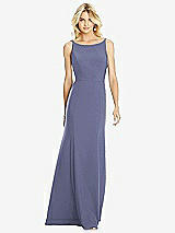 Rear View Thumbnail - French Blue Bateau Neck Open-Back Trumpet Gown