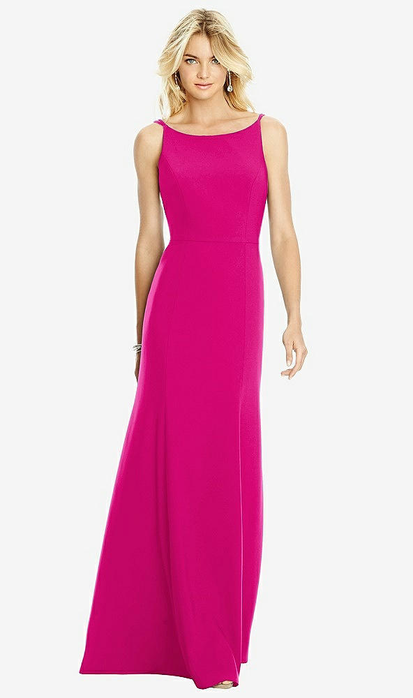 Back View - Think Pink Bateau Neck Open-Back Trumpet Gown