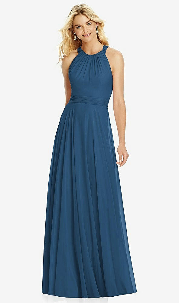 Front View - Dusk Blue Cross Strap Open-Back Halter Maxi Dress