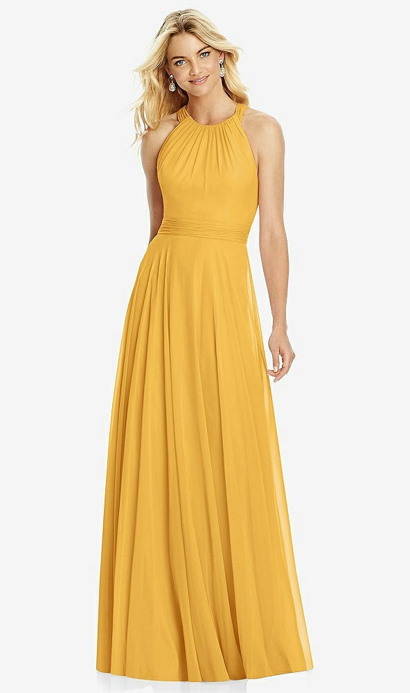 Front View - NYC Yellow Cross Strap Open-Back Halter Maxi Dress