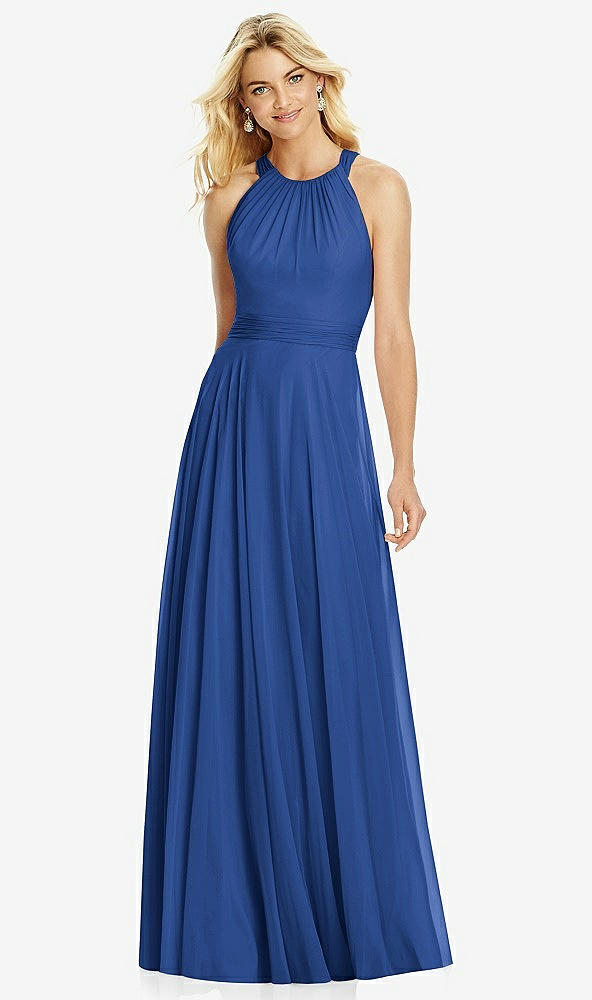 Front View - Classic Blue Cross Strap Open-Back Halter Maxi Dress