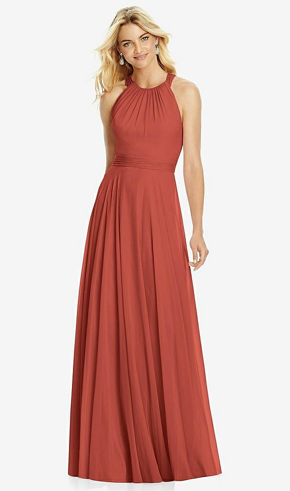 Front View - Amber Sunset Cross Strap Open-Back Halter Maxi Dress