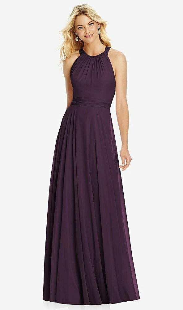 Front View - Aubergine Cross Strap Open-Back Halter Maxi Dress