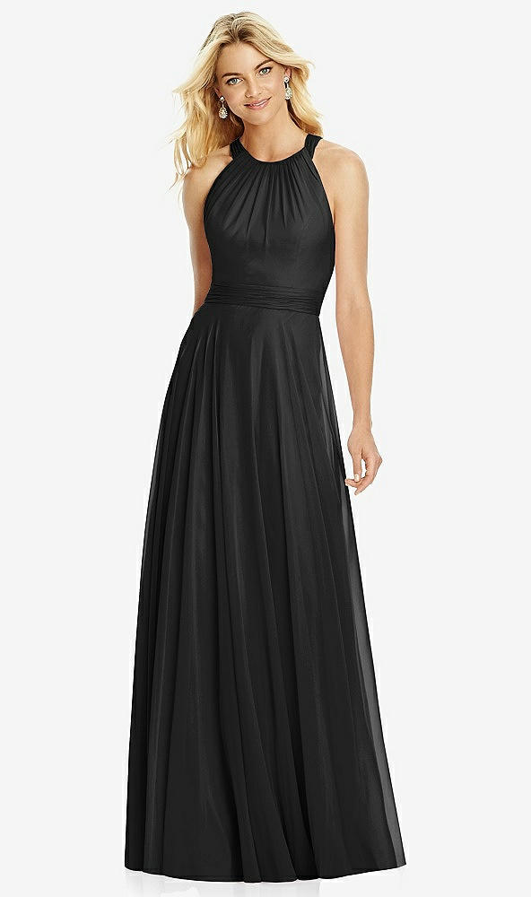 Front View - Black Cross Strap Open-Back Halter Maxi Dress