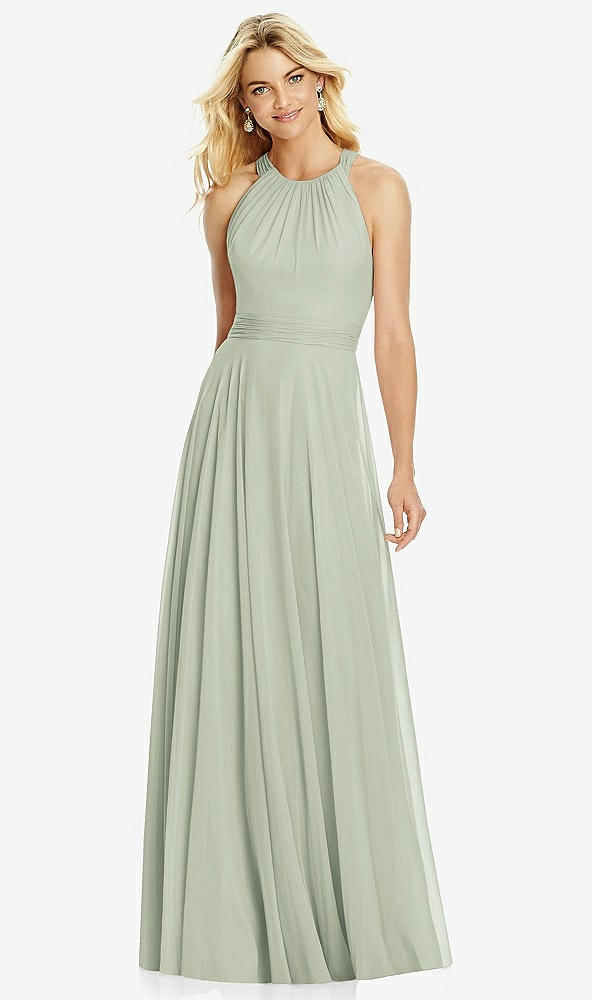 Front View - Celadon Cross Strap Open-Back Halter Maxi Dress