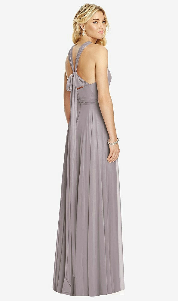 Back View - Cashmere Gray Cross Strap Open-Back Halter Maxi Dress