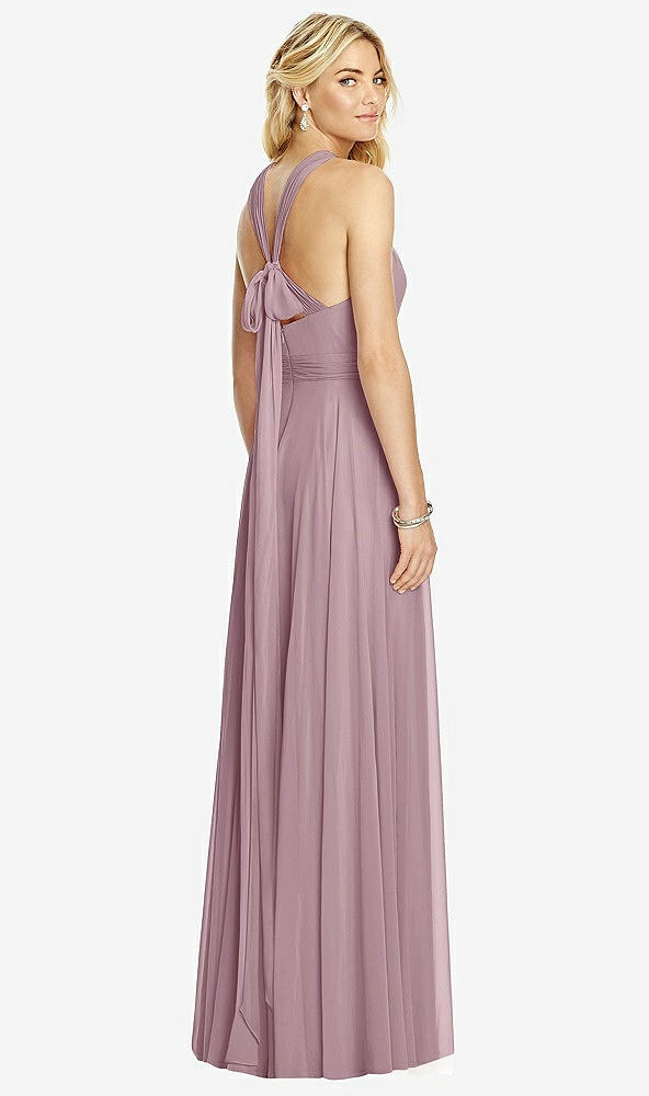 Back View - Dusty Rose Cross Strap Open-Back Halter Maxi Dress