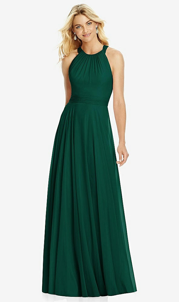 Front View - Hunter Green Cross Strap Open-Back Halter Maxi Dress